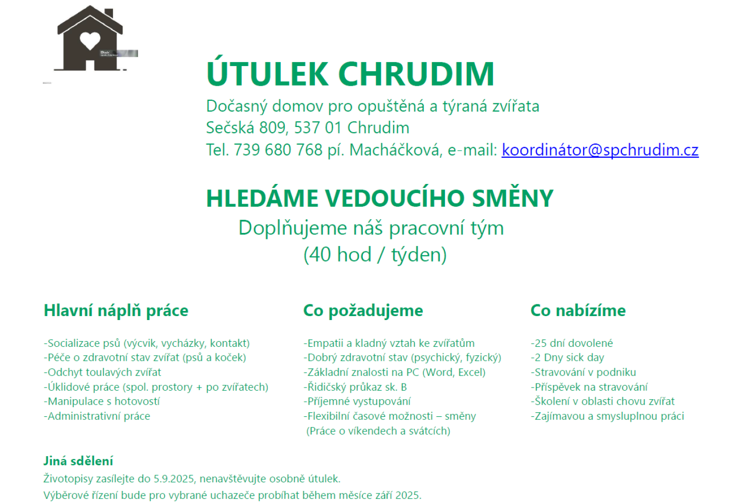 Útulek Chrudim - volné pracovní místo